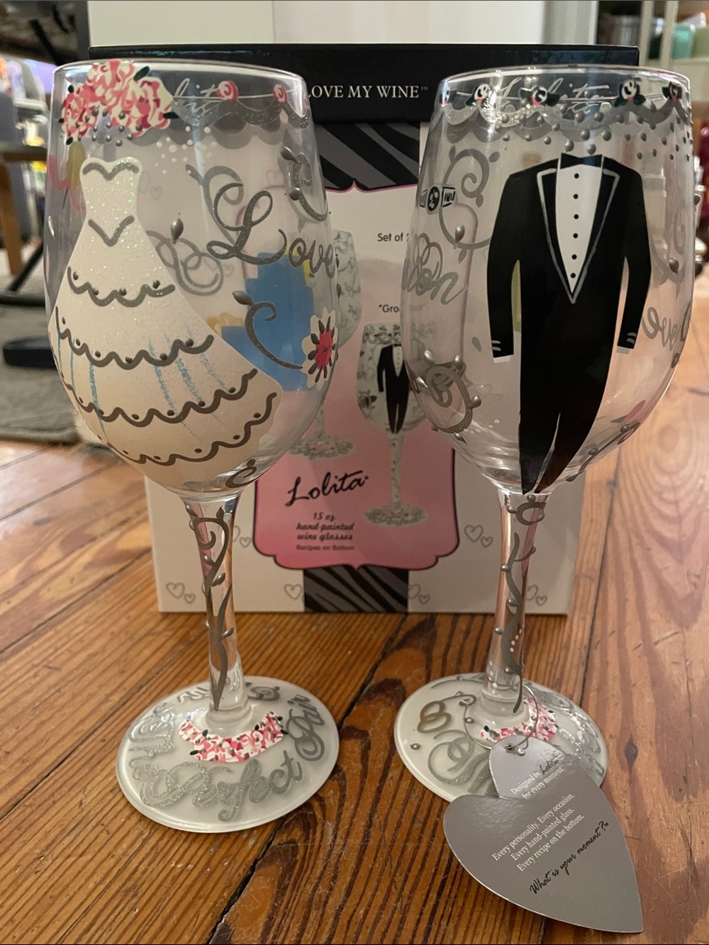 Lolita LOVE MY WINE Bride & Groom Hand Painted Wine Glasses 15 os Set of 2